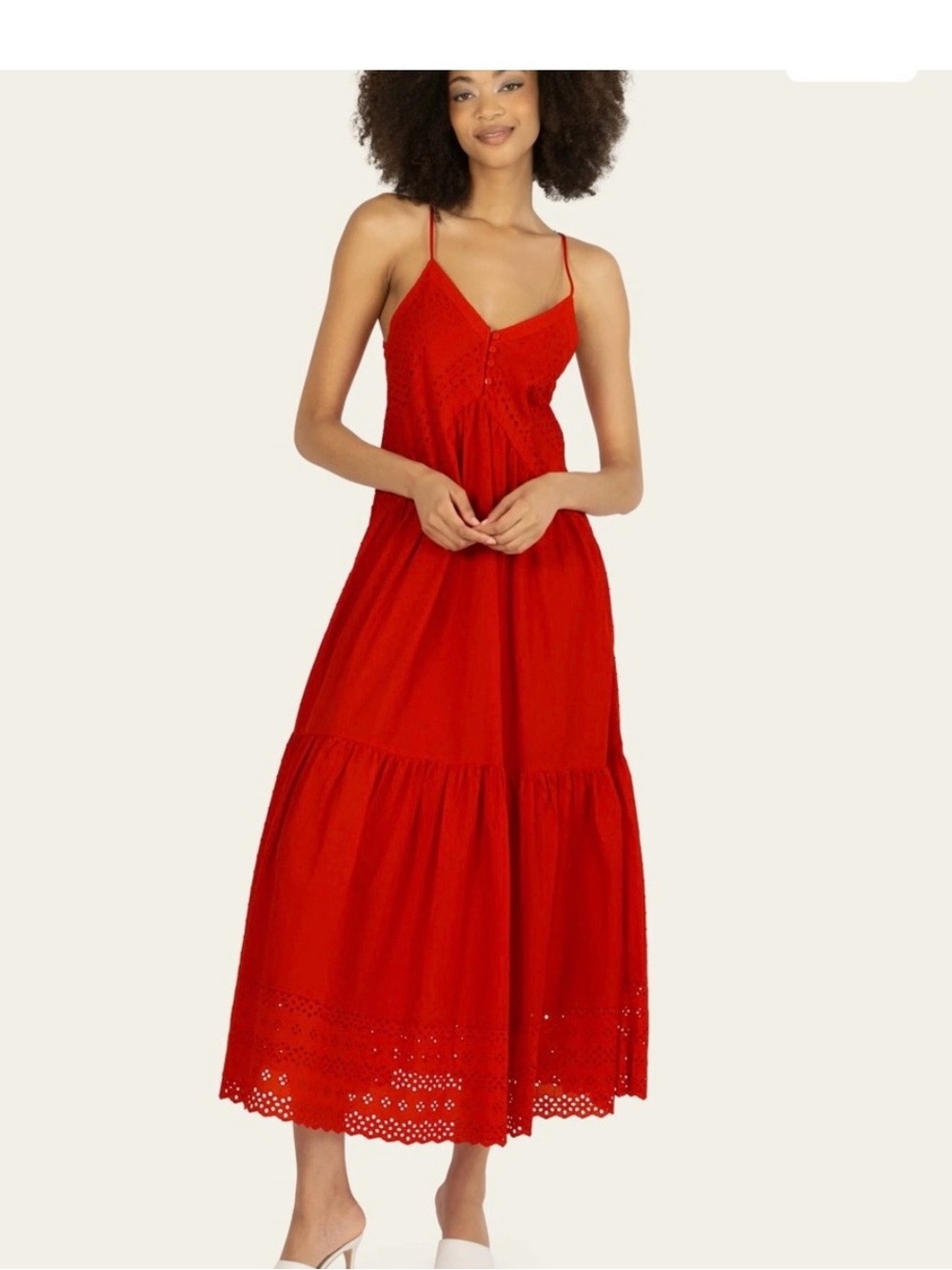 Women's Red Eyelet Maxi Sundress with Spaghetti Straps